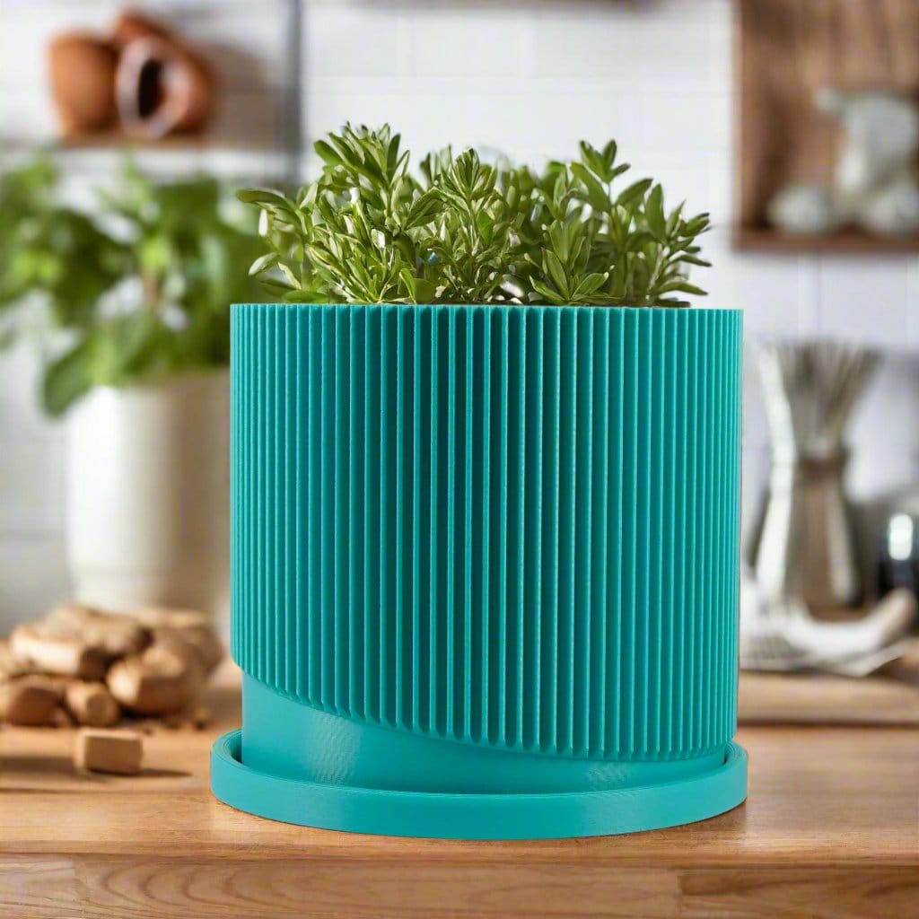 Rosebud HomeGoods Mid-Century Ribbed Planter with Drainage and Saucer in Multiple Colors, 3D Printed Planter with Unique Modern Design, Lightweight, Wave