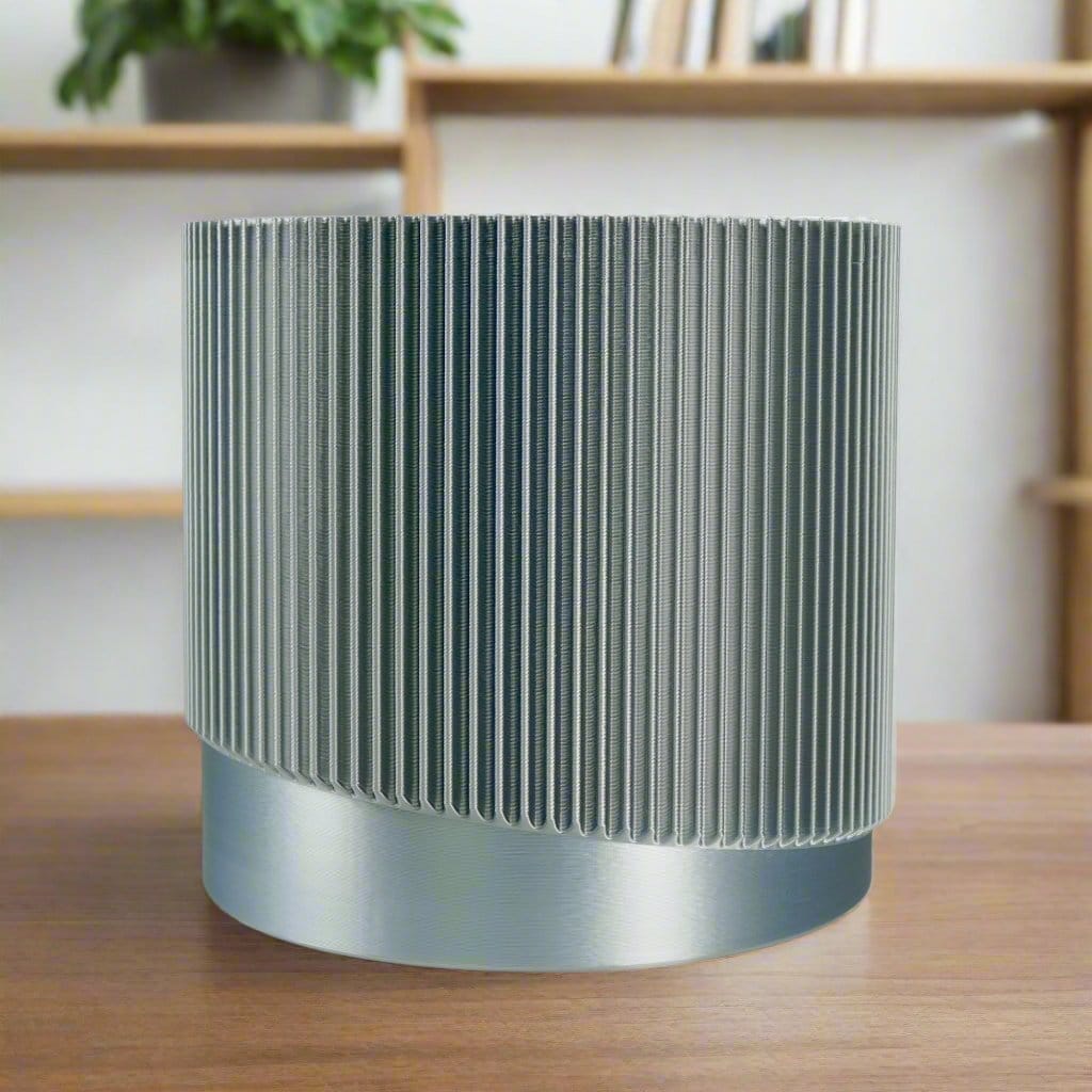 Rosebud HomeGoods Silver / 4 Inch + Drip Tray Mid-Century Ribbed Planter with Drainage and Saucer in Multiple Colors, 3D Printed Planter with Unique Modern Design, Lightweight, Wave