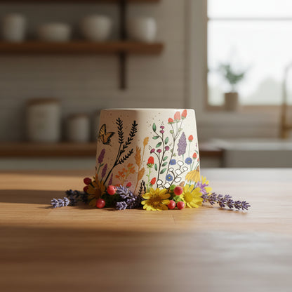 Ceramic cup with floral and butterfly design on a white background