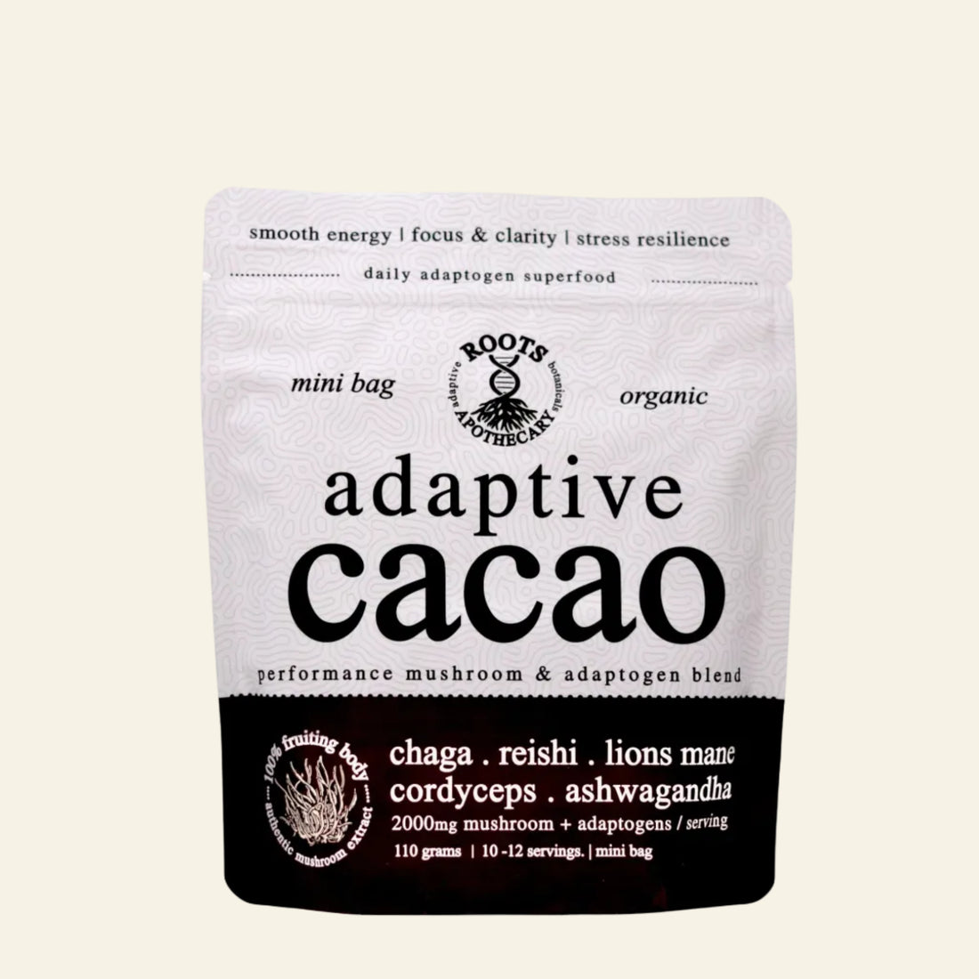 Adaptive Cacao package with Roots Organic branding on a white background