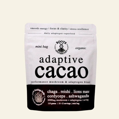 Adaptive Cacao package with Roots Organic branding on a white background