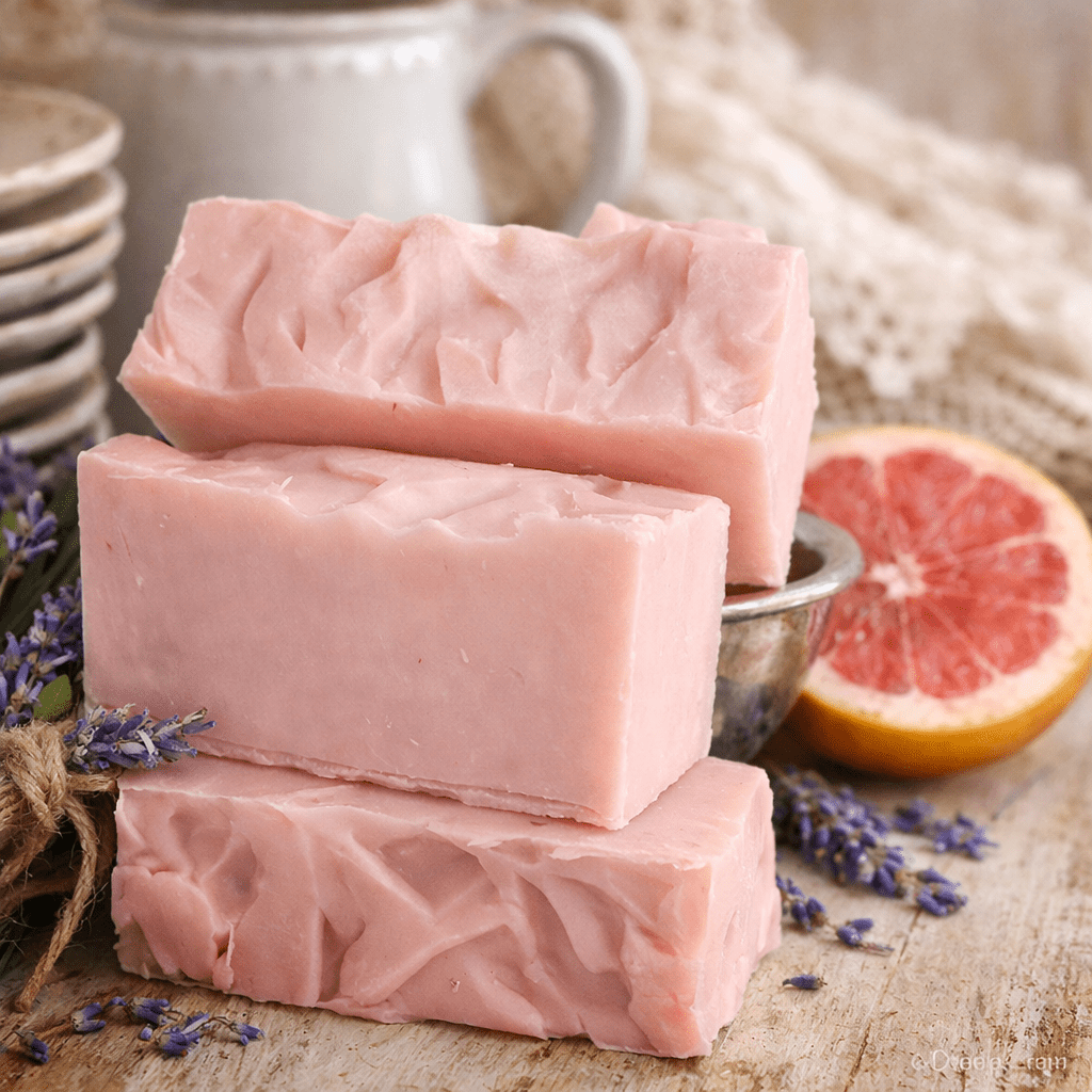 Three bars of pink soap stacked on a wooden surface with lavender and a grapefruit in the background.