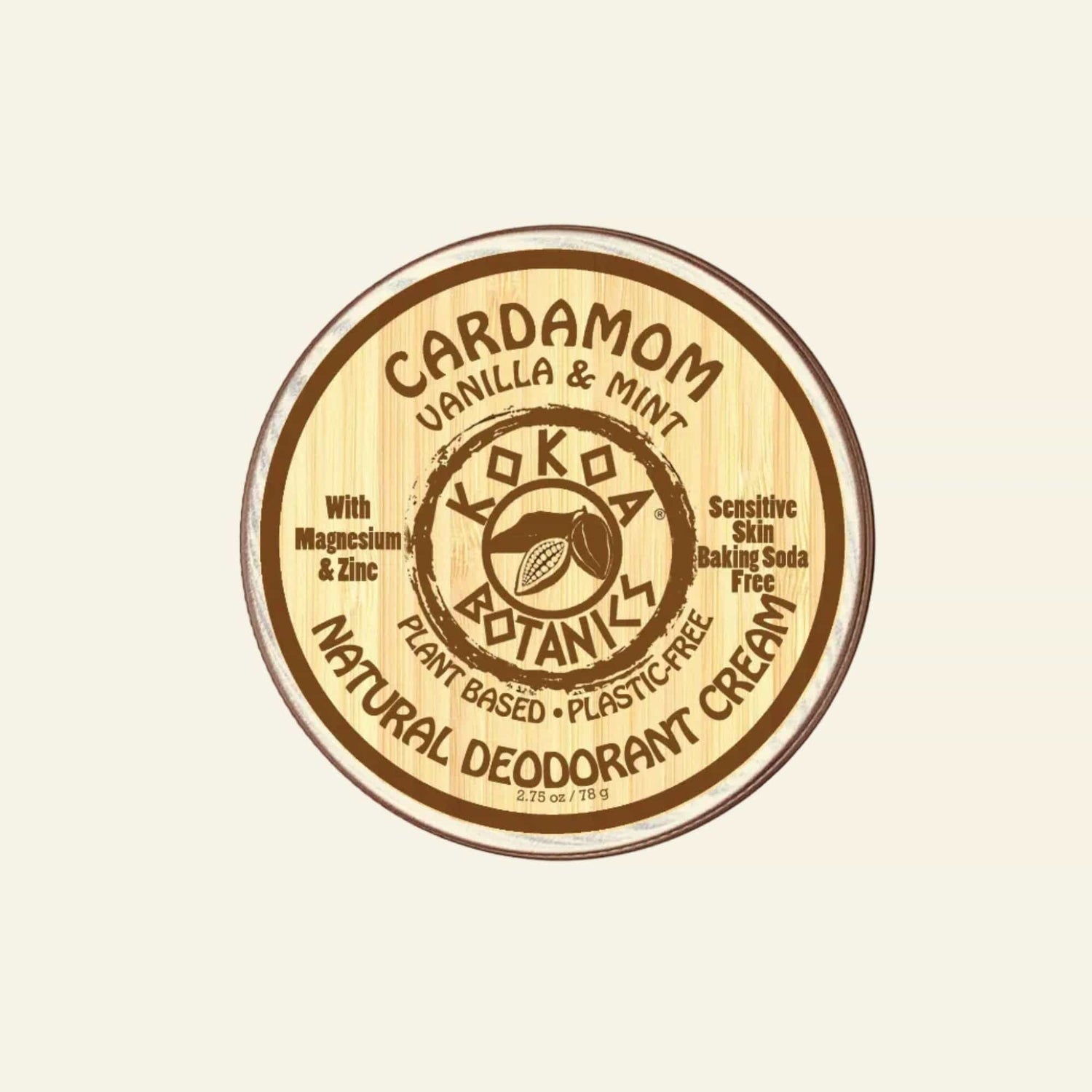 Lokoa Botanics natural deodorant cream container with wooden lid on a white background