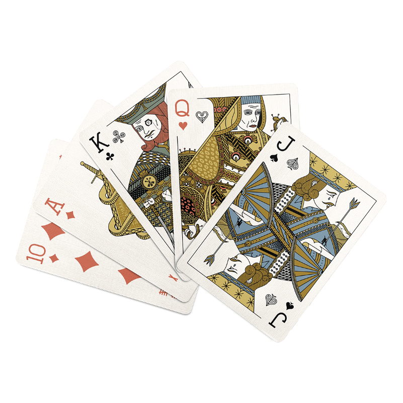 Set of playing cards with detailed artwork on a white background