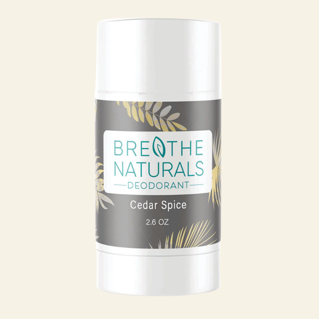 Breathe Naturals Cedar Spice deodorant stick on a white background