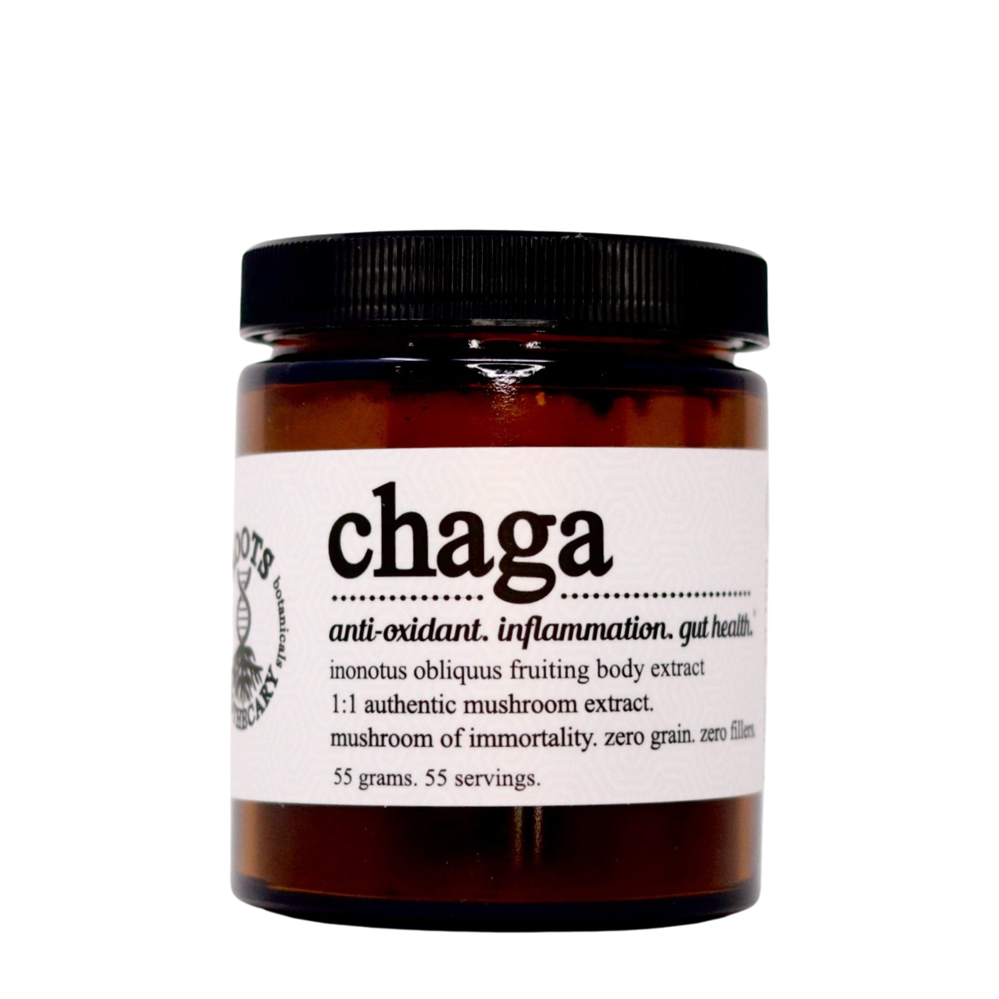 Jar of chaga mushroom extract on a white background