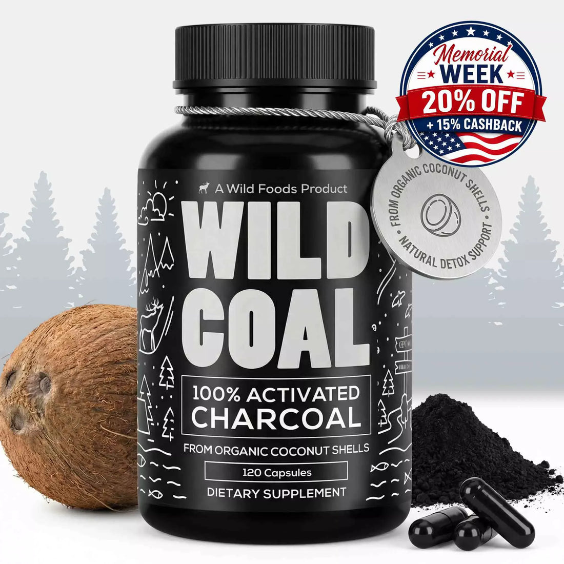 Wild Foods Supplements Activated Charcoal Capsules – 100% Organic Coconut Shells