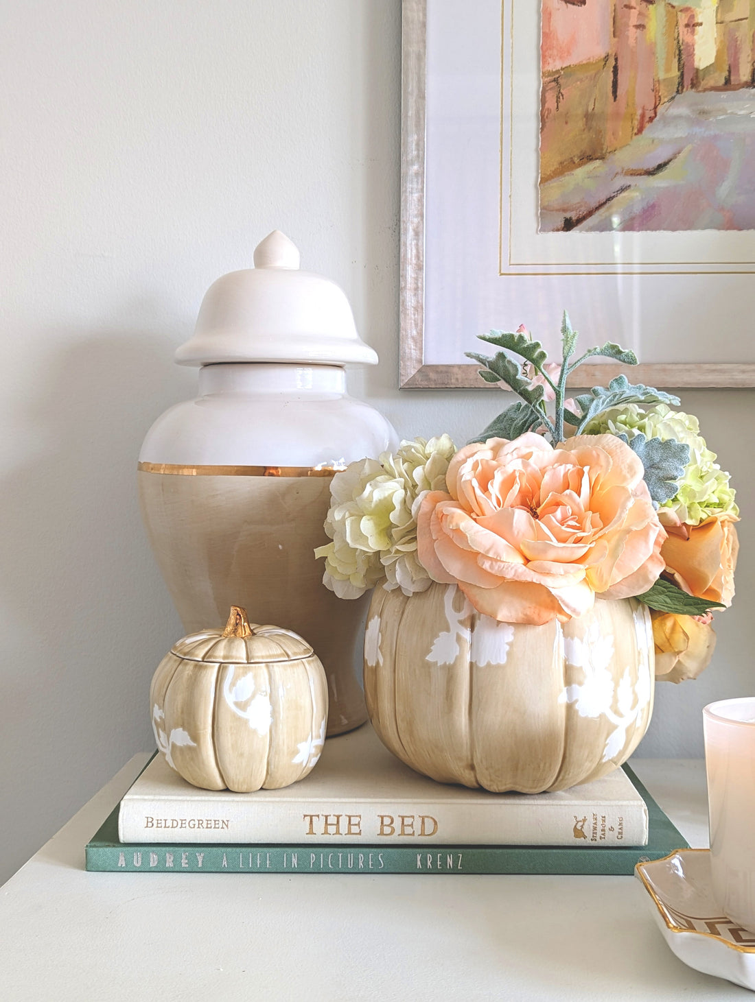 Chinoiserie Pumpkin Jars with 22K Gold Accents in Sand