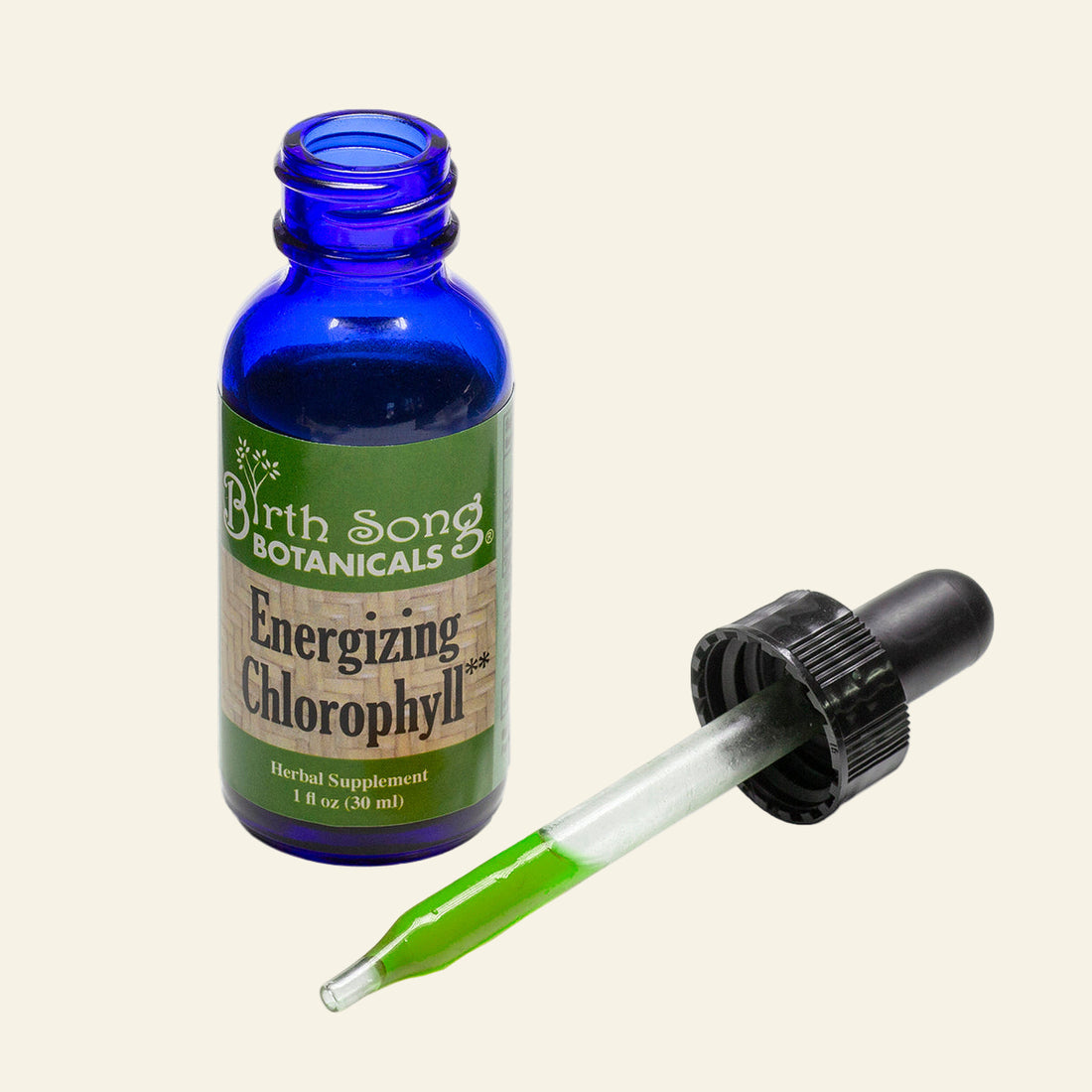 Blue glass bottle with dropper labeled &