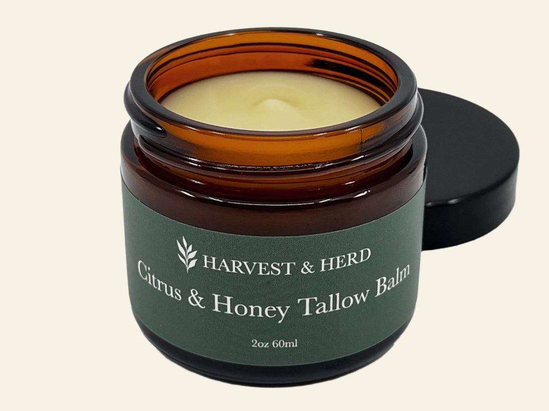 Jar of Harvest &amp; Herd Citrus &amp; Honey Tallow Balm on a white background