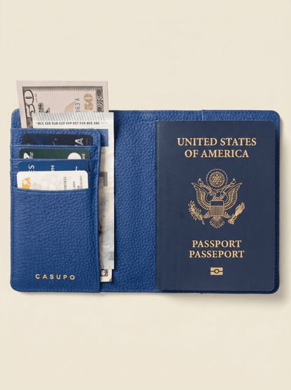 CASUPO Small Leather Goods Leather Passport Wallet with RFID Shield- Cobalt