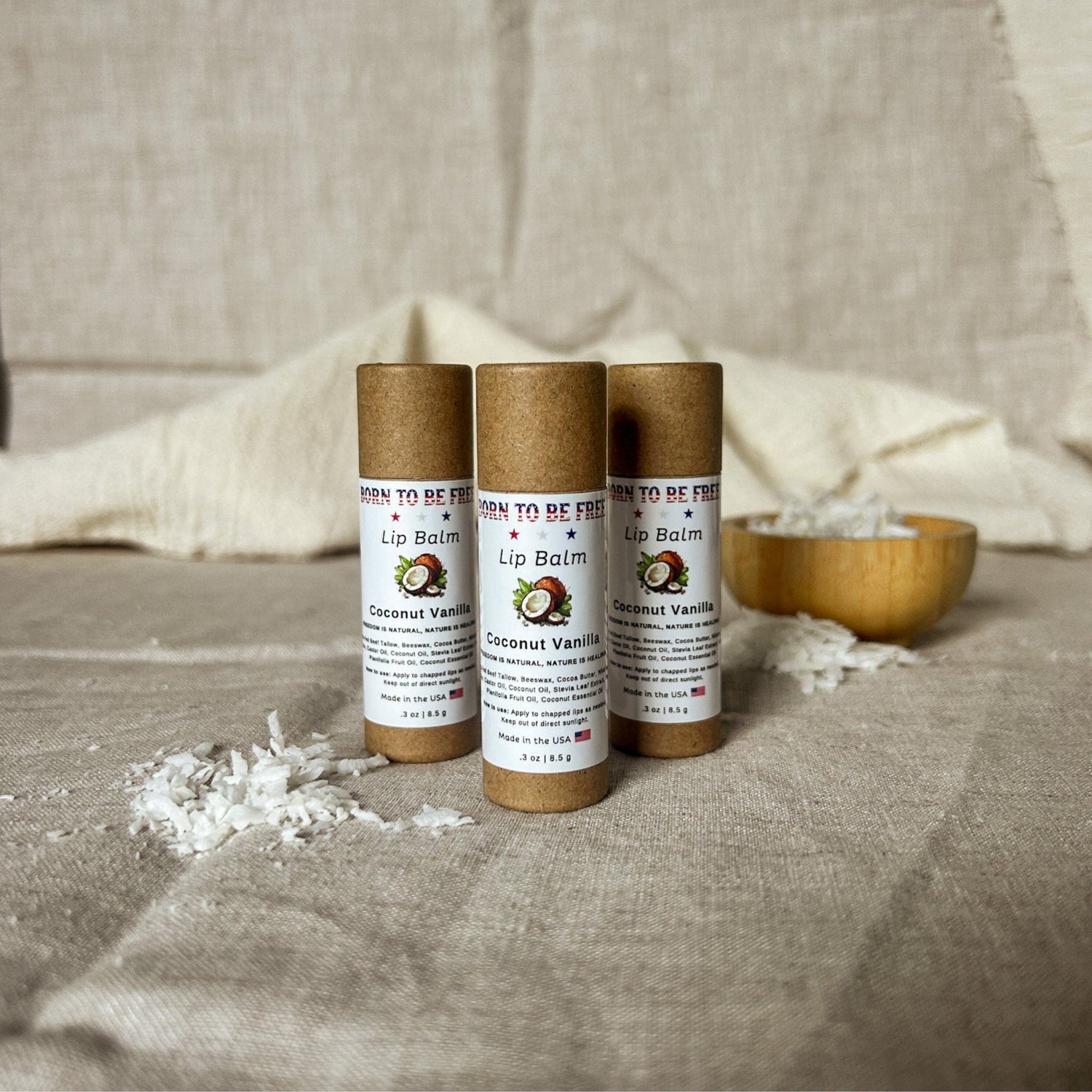 Born To Be Free Lip Balm 3-Pack (3 × .3 oz Push-Up Tubes) Coconut Vanilla Lip Balm
