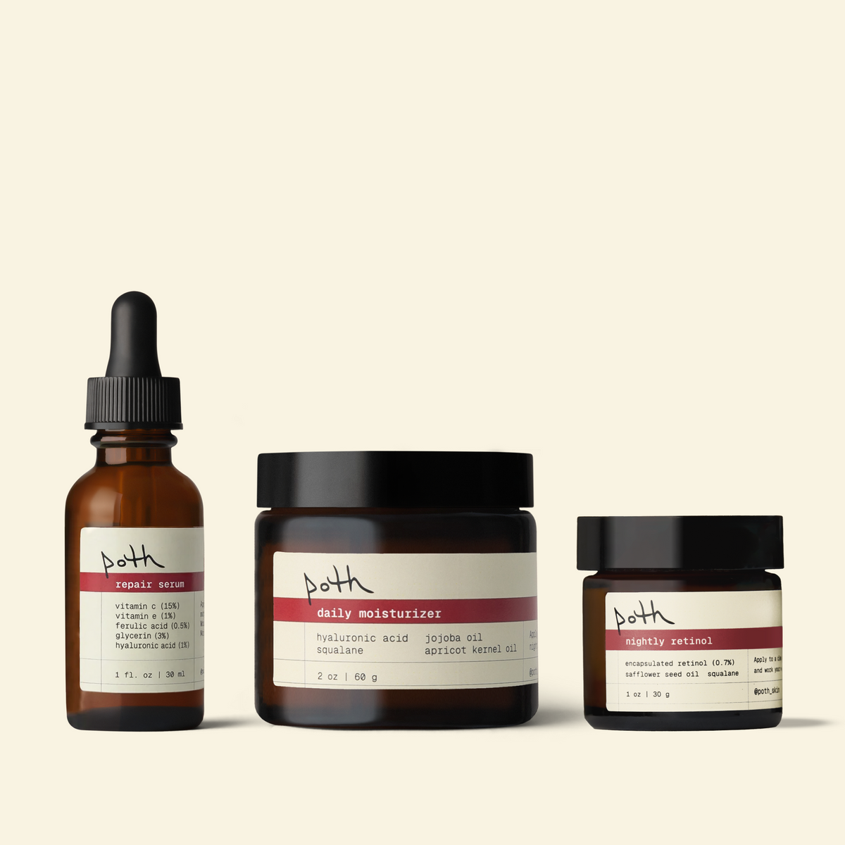 The Collagen Support set: repair serum + nightly retinol + lipid gel moisturizer