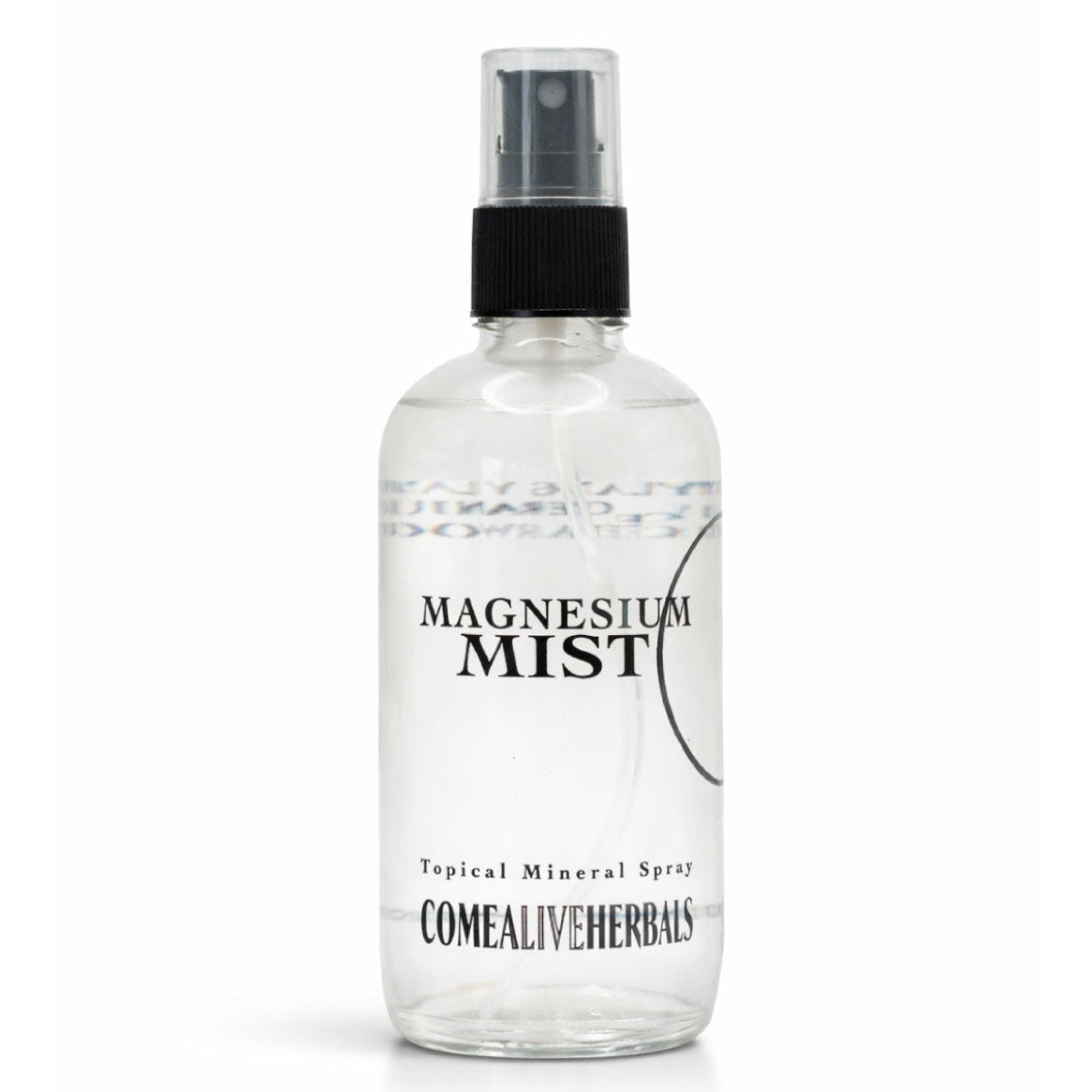 A clear plastic spray bottle of Comealiveherbs Magnesium Mist with a black spray nozzle and black printed text, set against a plain white background.