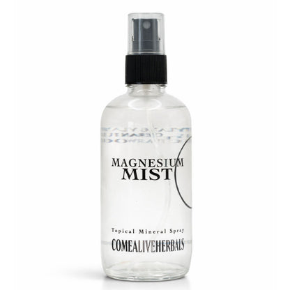 A clear plastic spray bottle of Comealiveherbs Magnesium Mist with a black spray nozzle and black printed text, set against a plain white background.