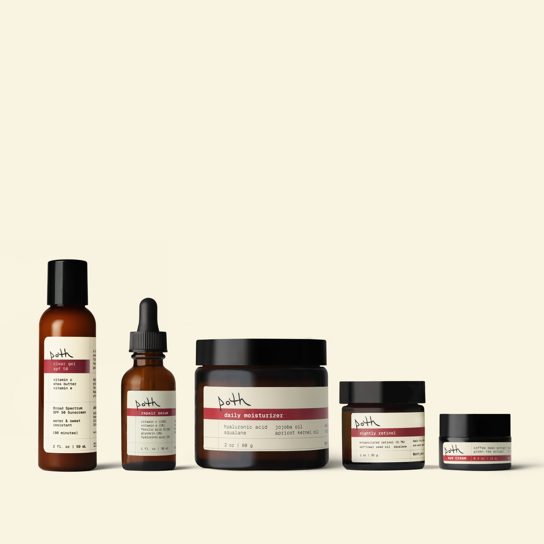 The Complete Set: repair serum + depuffing eye cream + nightly retinol + clear gel spf 50 + lipid gel moisturizer
