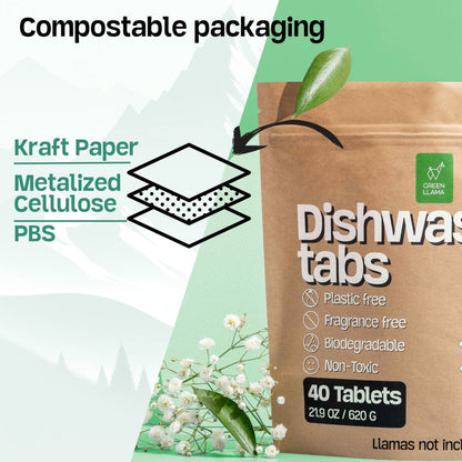 Green Llama Dishwasher Tabs NEW - Fragrance &amp; PVA Free Dish Washer Tabs - No Plastic, Non Toxic
