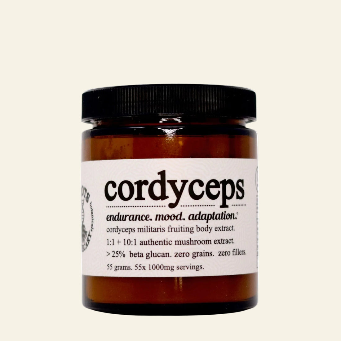 Jar of cordyceps supplement with label on a white background