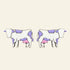 Pair of cow-shaped earrings with purple and pink spots on a white background