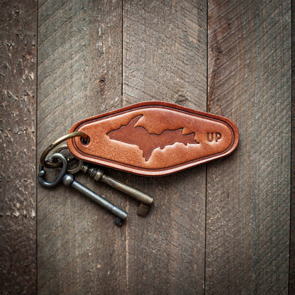 Upper Peninsula Michigan Silhouette Leather Keychain Motel