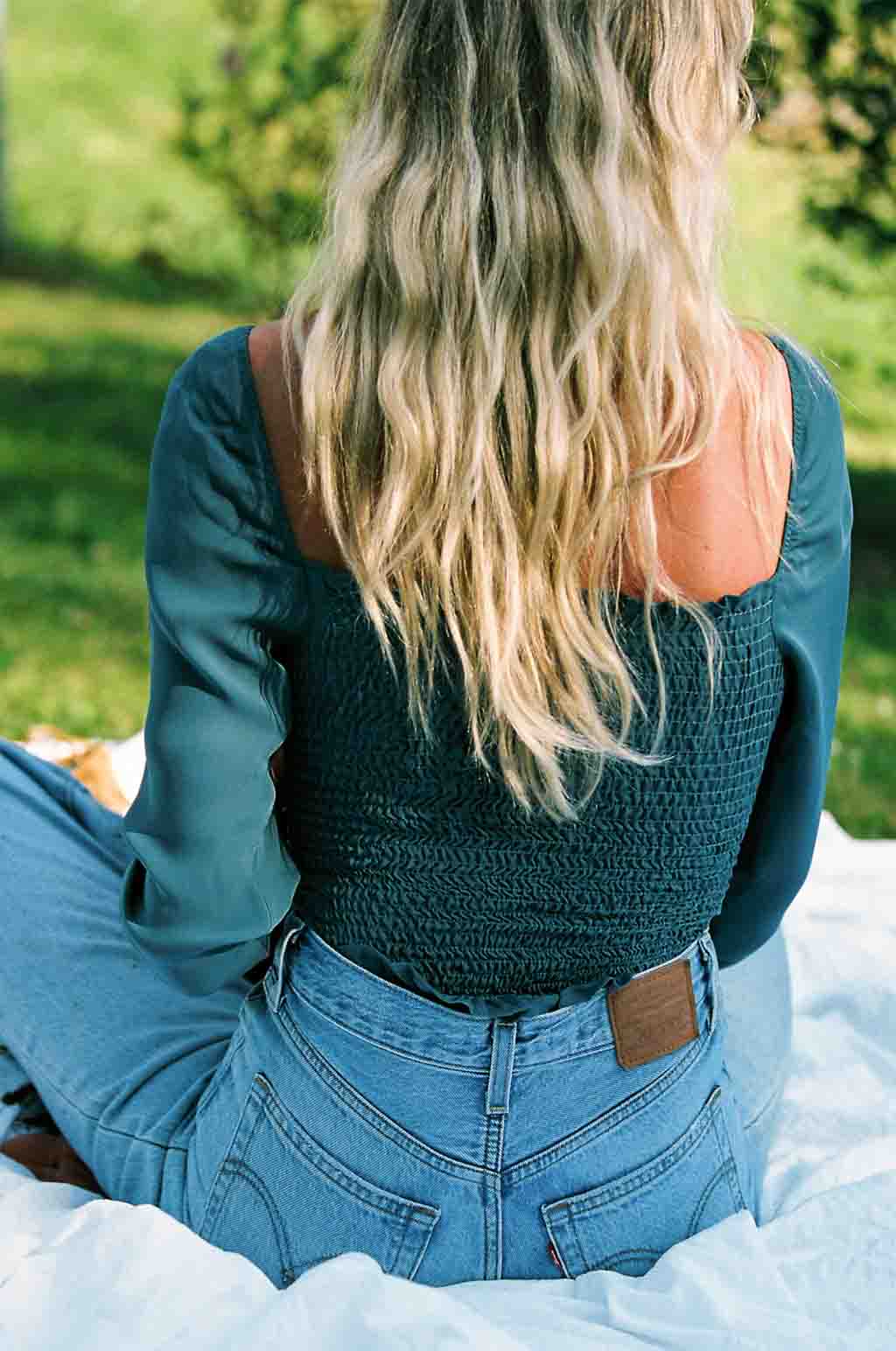 Dakota Long-Sleeve Silk Top - Stone Blue