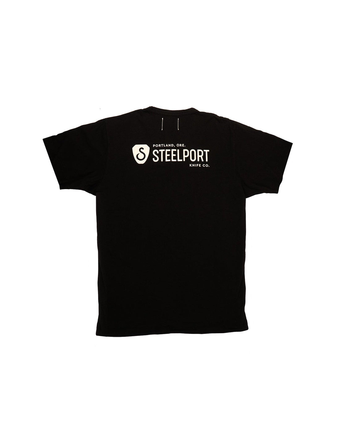 Black t-shirt with a logo and text on the back against a white background