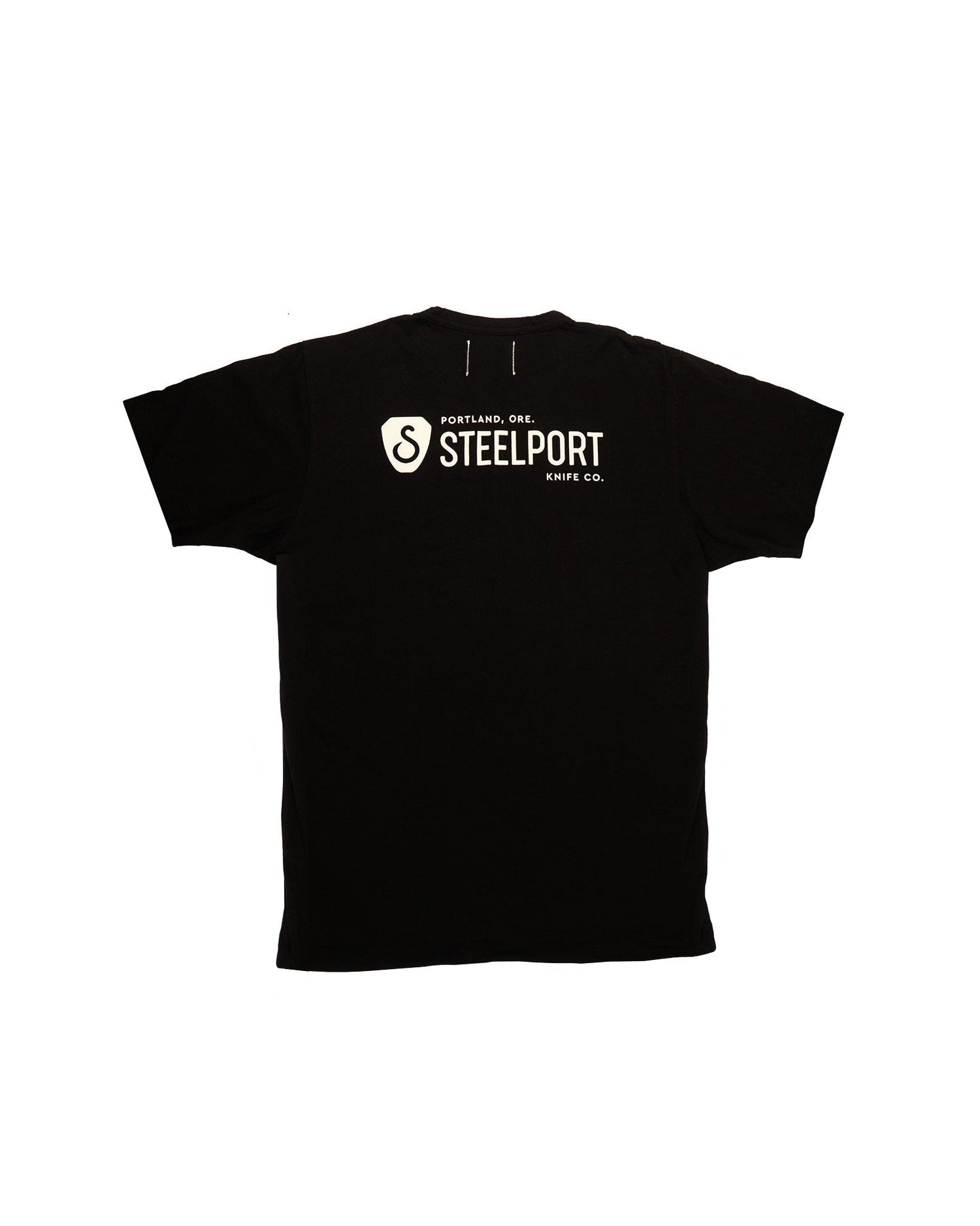 Black t-shirt with a logo and text on the back against a white background
