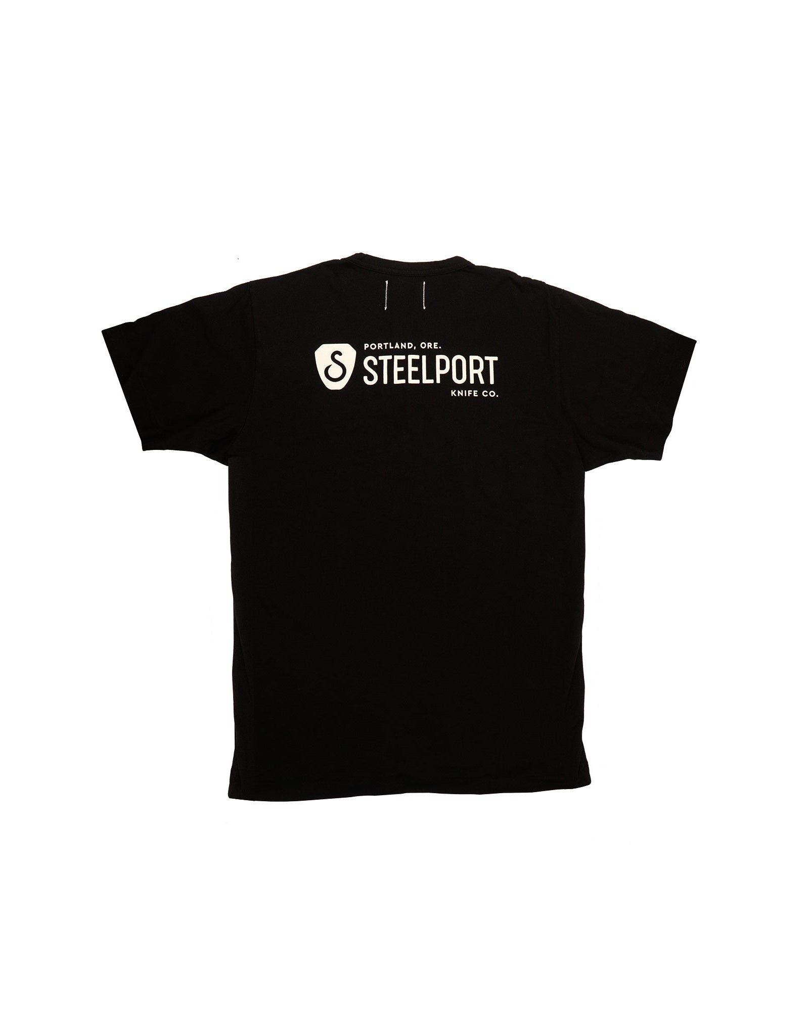 Black t-shirt with a logo and text on the back against a white background