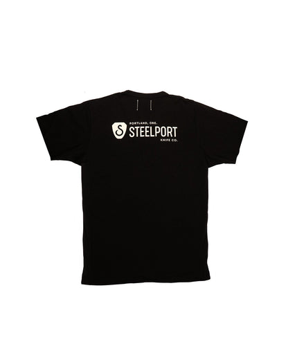 Black t-shirt with a logo and text on the back against a white background