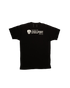 Black t-shirt with a logo and text on the back against a white background