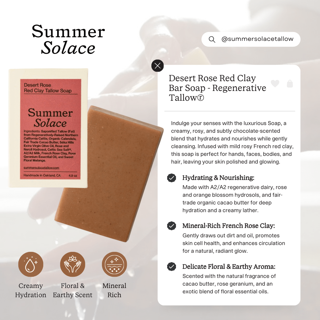 Summer Solace Tallow Tallow Soap Desert Rose – Red Clay Bar Soap | Floral &amp; Cacao Butter Infused