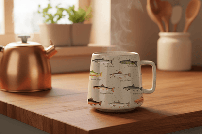 Mug with fish illustrations on a white background