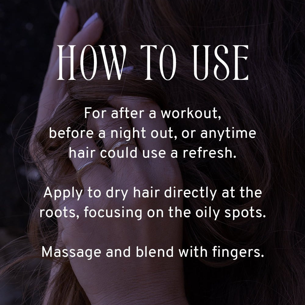 Text on how to use a product for hair care, with a blurred background of hands holding hair.