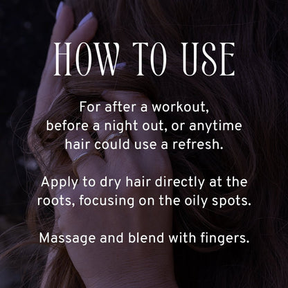 Text on how to use a product for hair care, with a blurred background of hands holding hair.