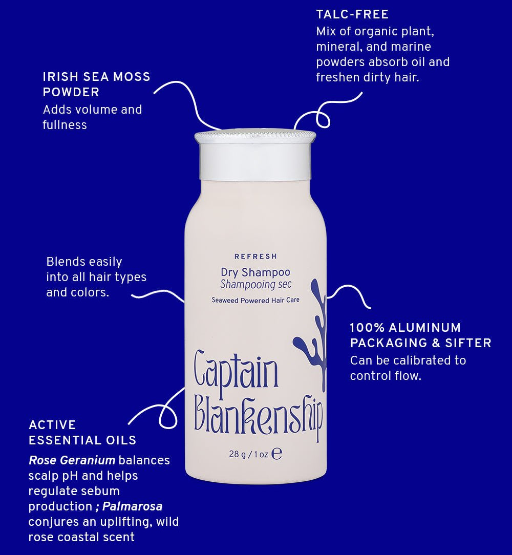 Captain Blankenship dry shampoo bottle with product features on a blue background