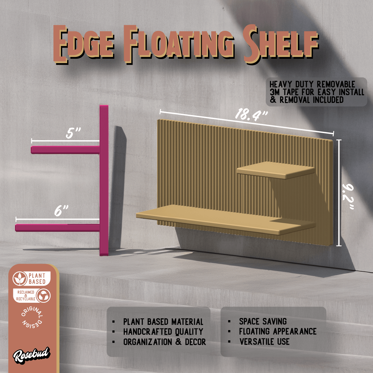 Rosebud HomeGoods Floating Shelf Modern Floating Wall Shelf, Unique Retro Home Decor, 3D Printed Perfume Display/Reed Diffuser Shelf, Wall Shelf Catchall, Hosting Decor Gift, EDGE