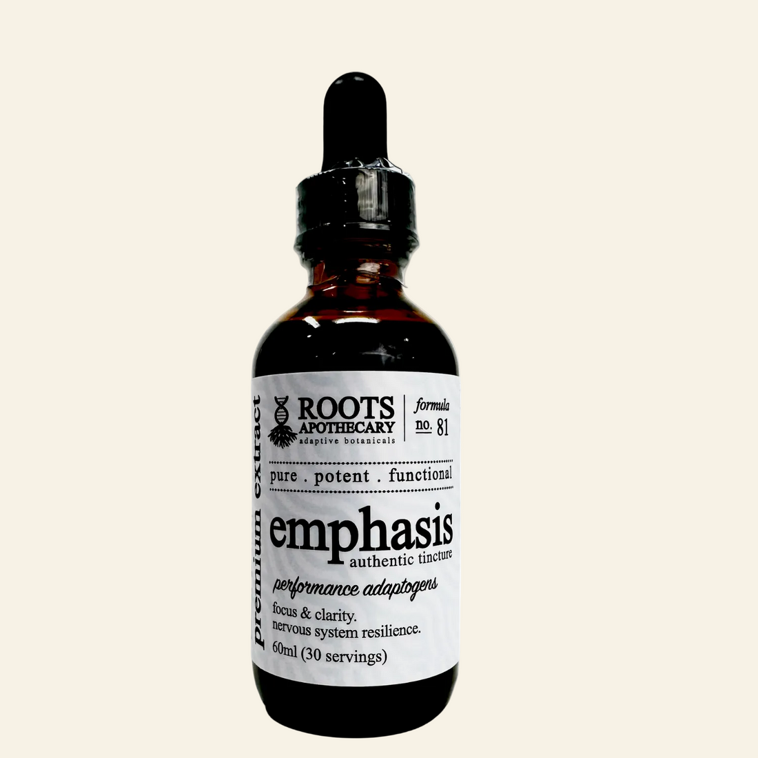 A 60ml amber glass dropper bottle of Roots Apothecary &