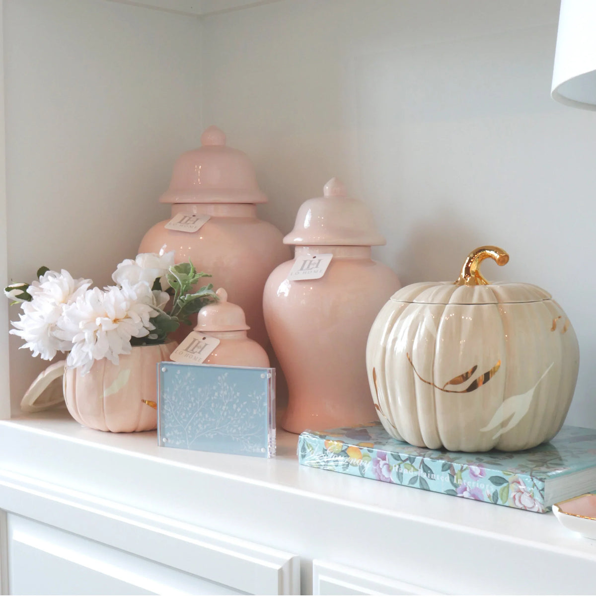Layered Leaves Pumpkin Jars with 22K Gold Accents in Beige