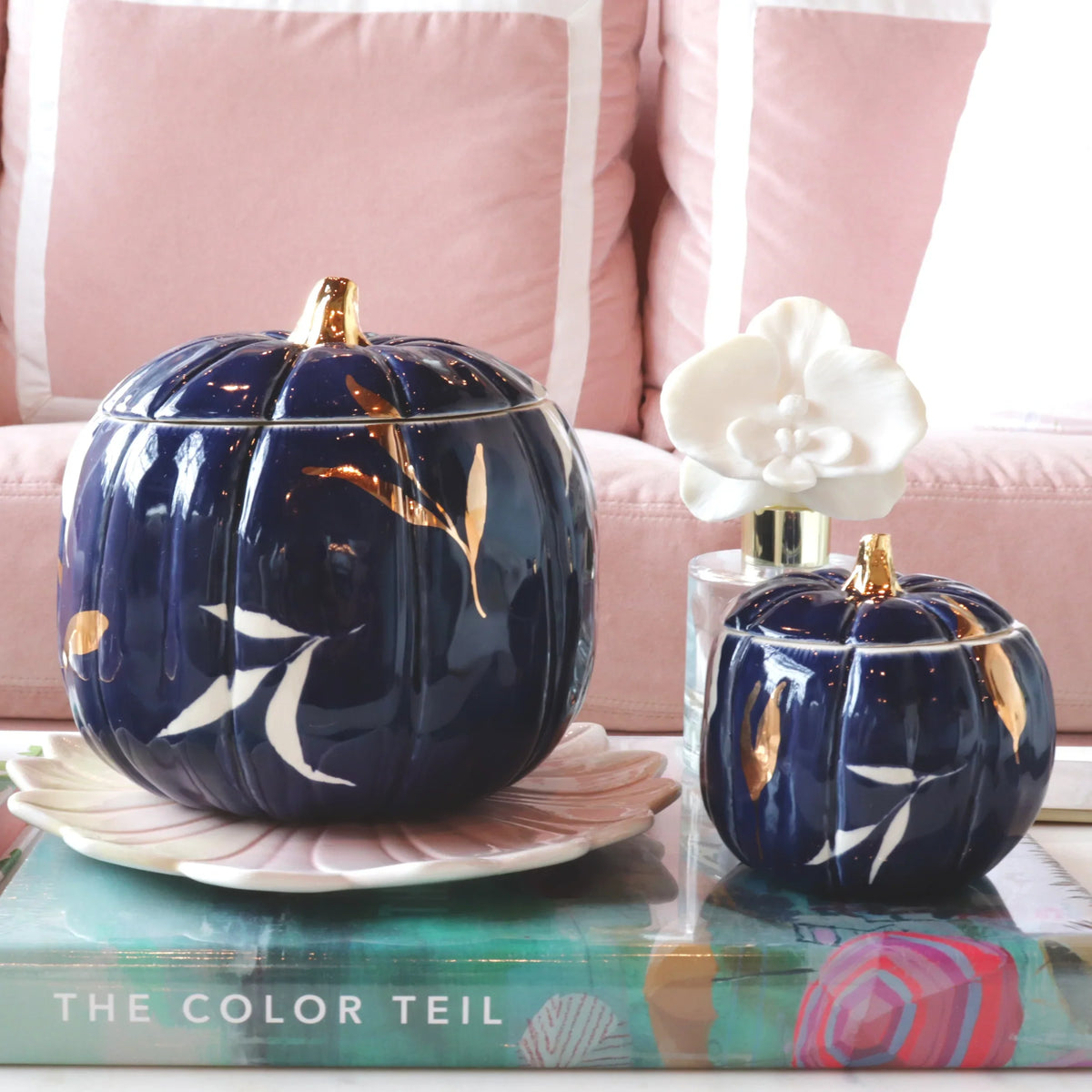 Layered Leaves Pumpkin Jars with 22K Gold Accents in Navy Blue