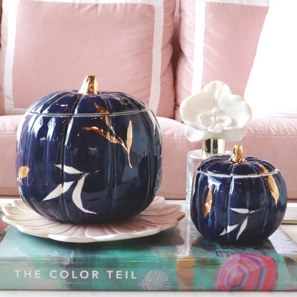 Layered Leaves Pumpkin Jars with 22K Gold Accents in Navy Blue