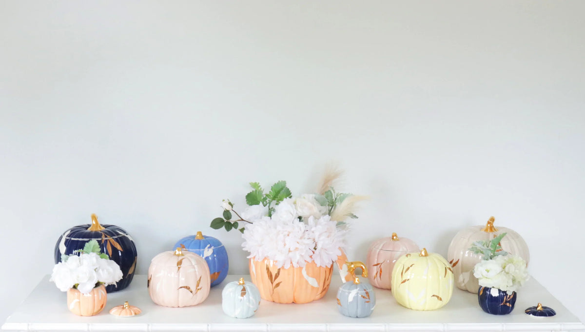 Layered Leaves Pumpkin Jars with 22K Gold Accents in Navy Blue