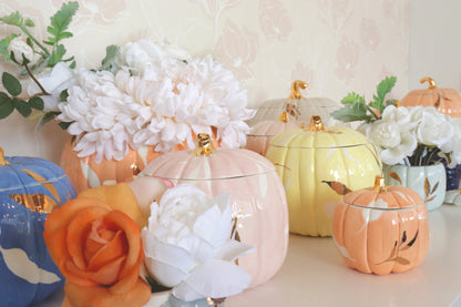 Layered Leaves Pumpkin Jars with 22K Gold Accents in Yellow
