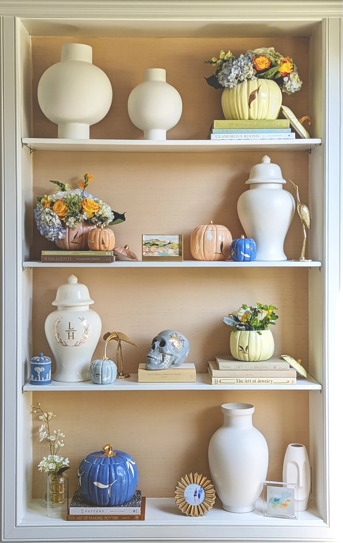 Layered Leaves Pumpkin Jars with 22K Gold Accents in Light Blue