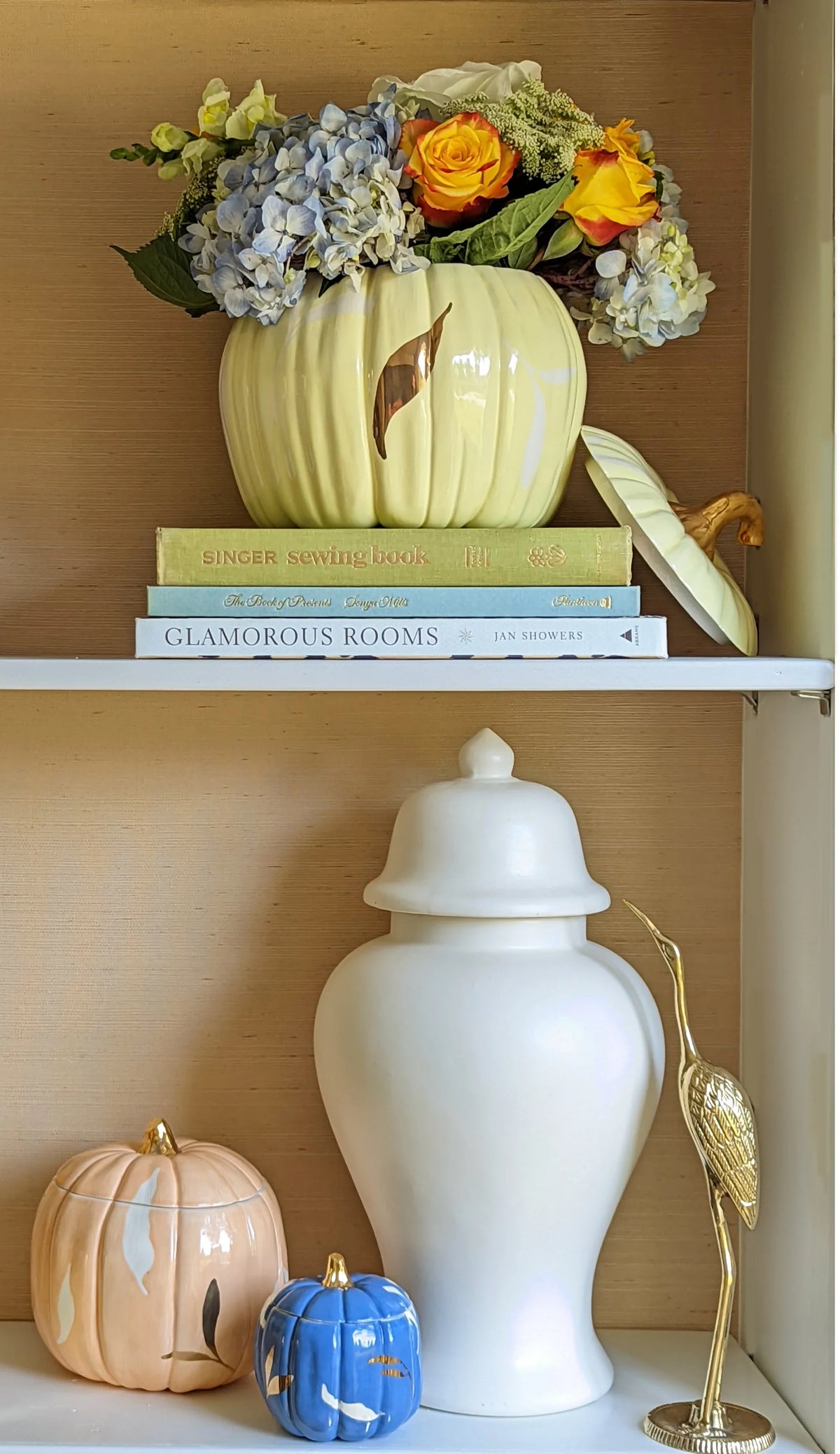 Layered Leaves Pumpkin Jars with 22K Gold Accents in Sheer Orange
