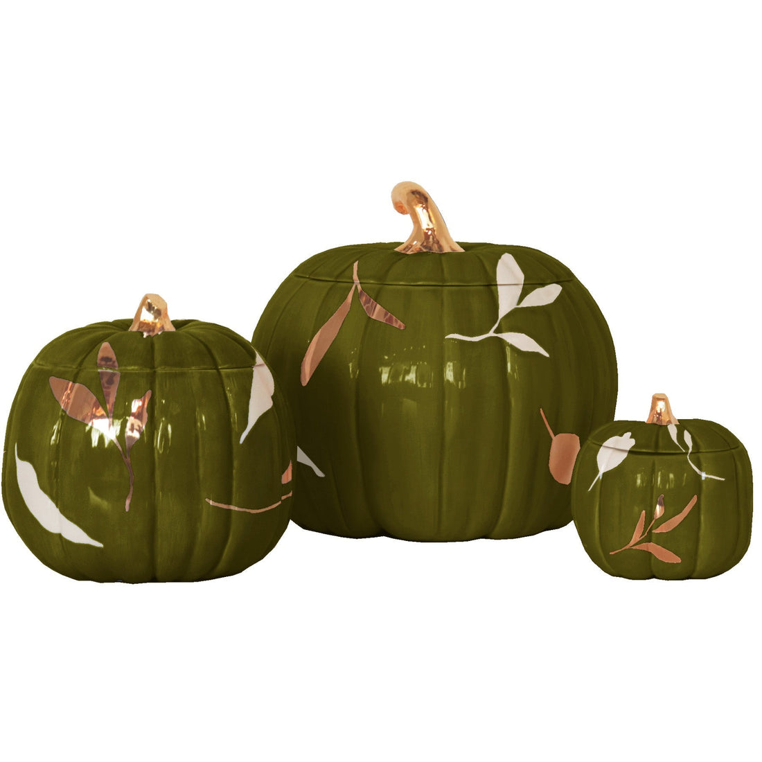 Layered Leaves Pumpkin Jars with 22K Gold Accents in Moss Green