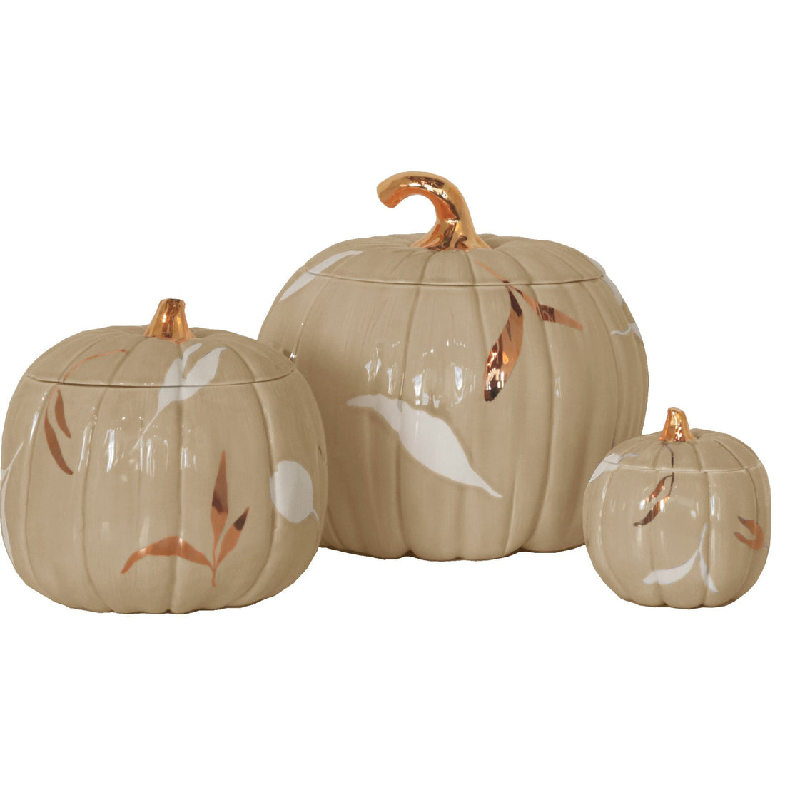 Layered Leaves Pumpkin Jars with 22K Gold Accents in Sand