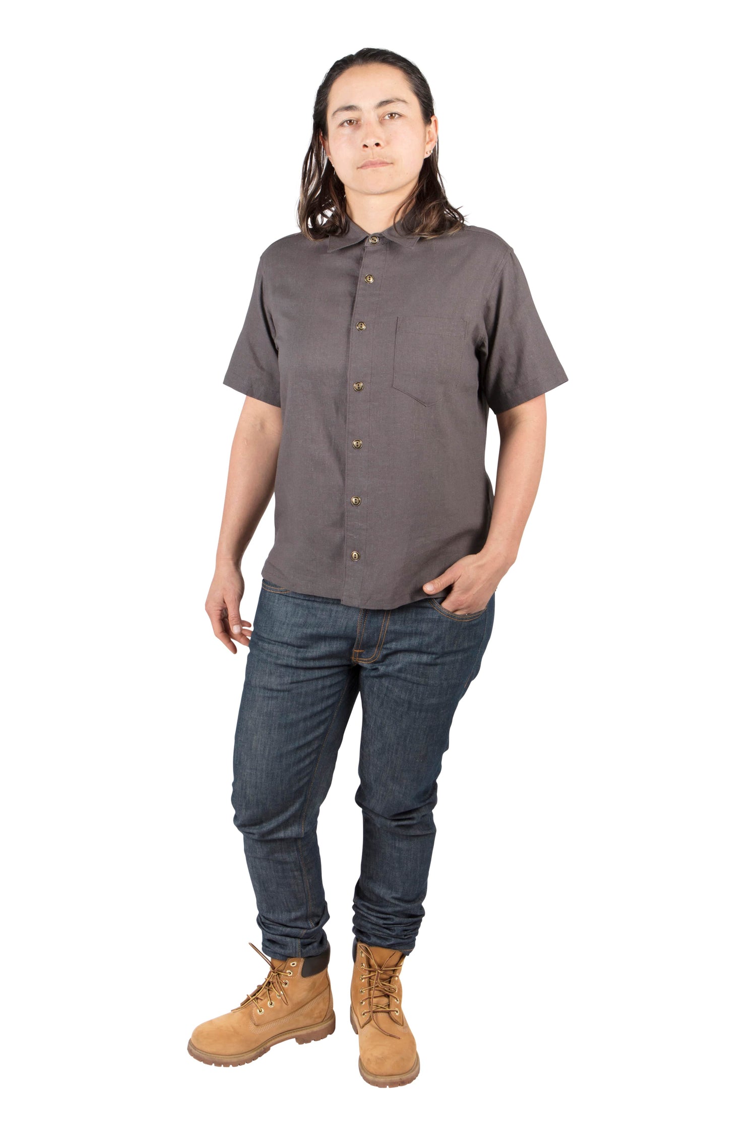 Field Day Top Unisex Button Up in Ash Linen