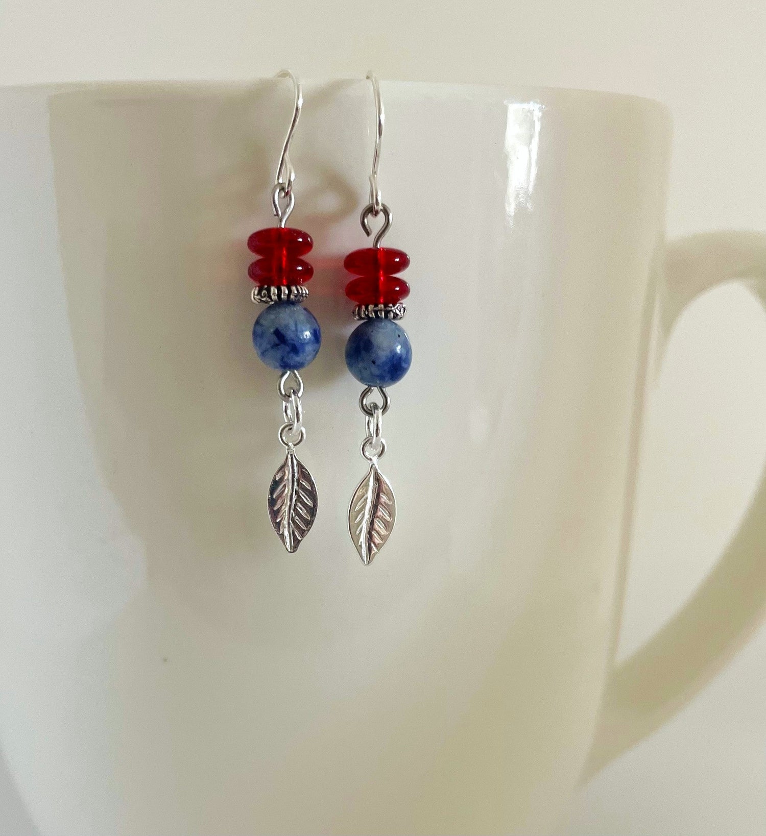 Red white blue leaf dangle earrings