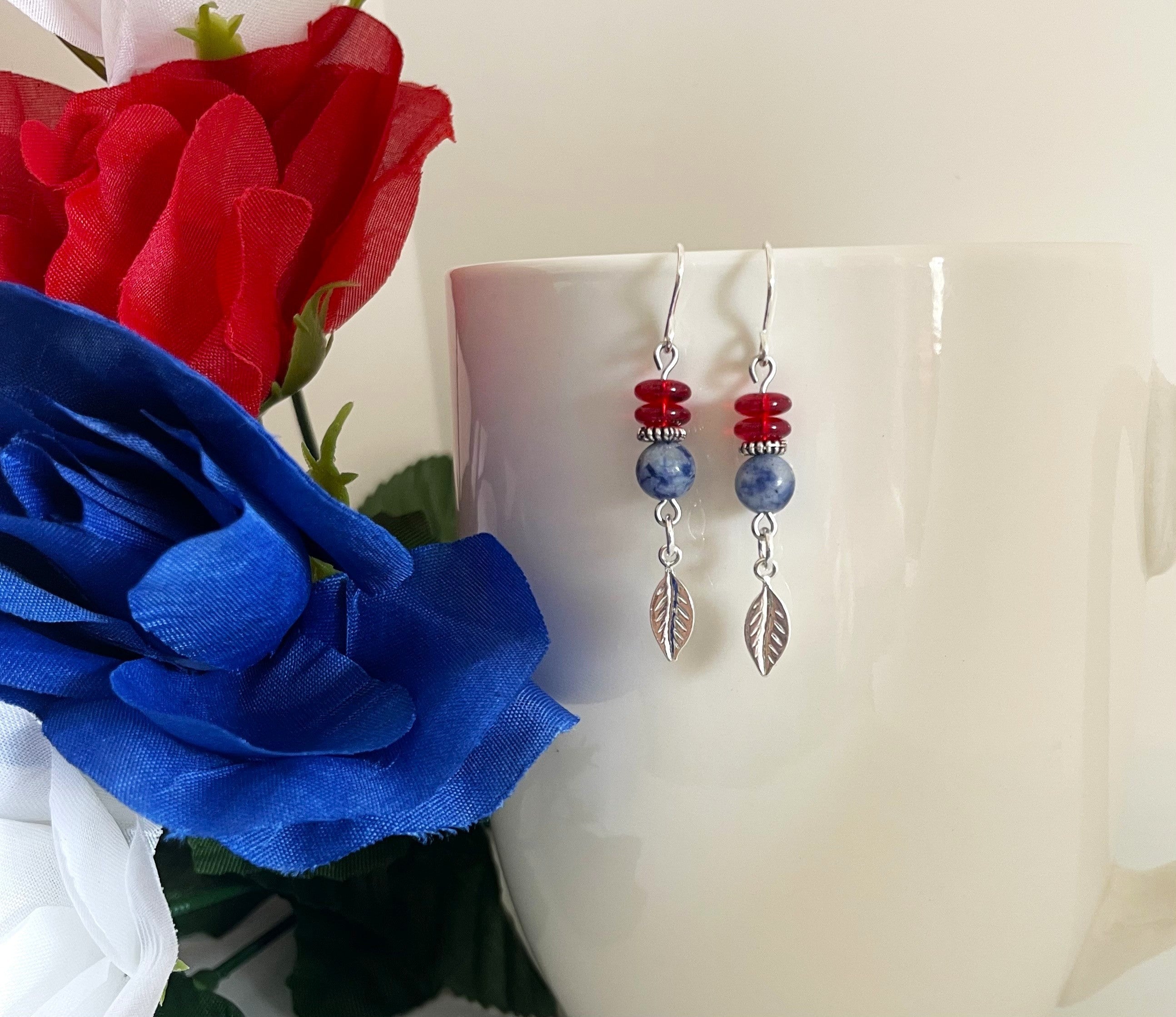 Red white blue leaf dangle earrings