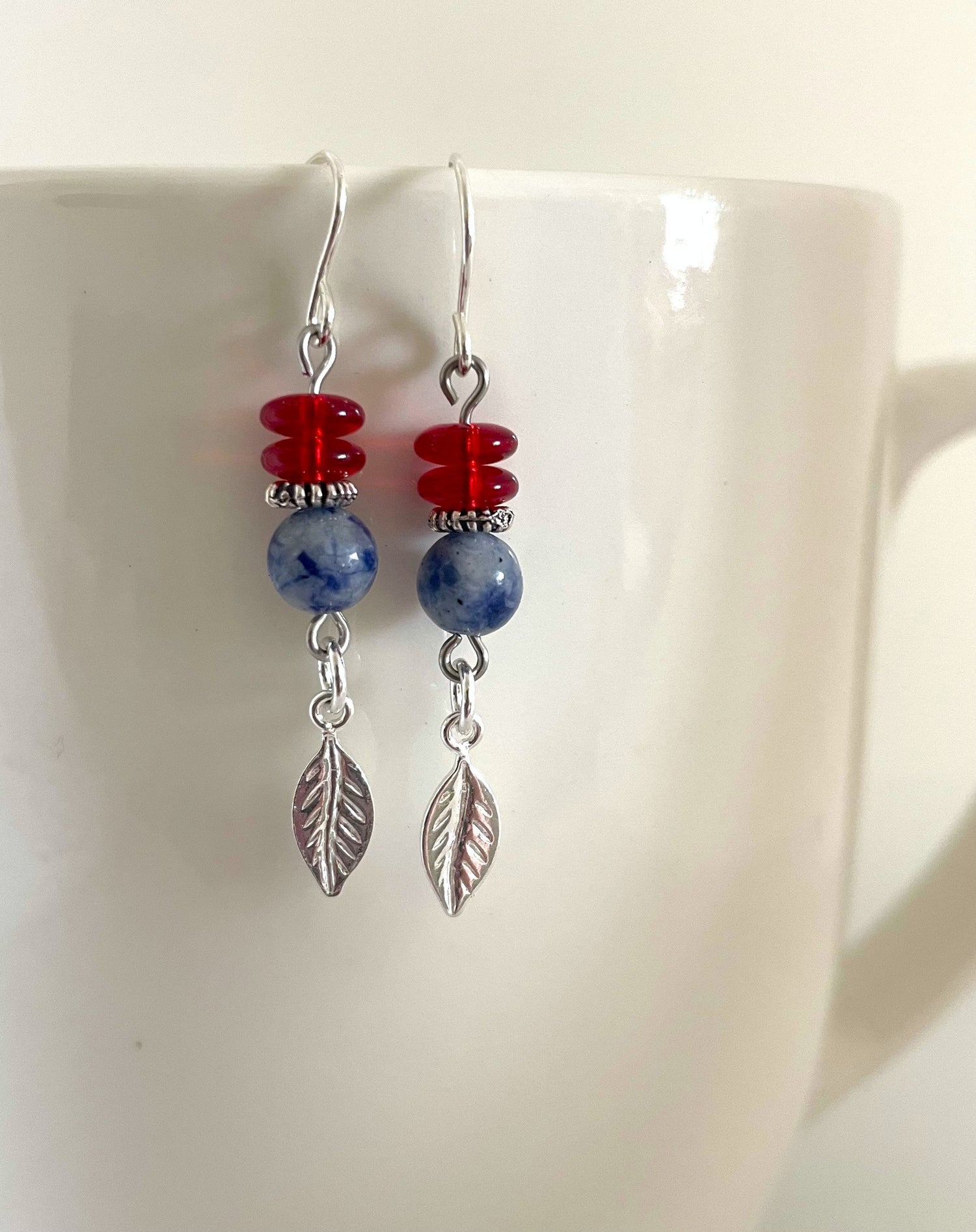 Red white blue leaf dangle earrings